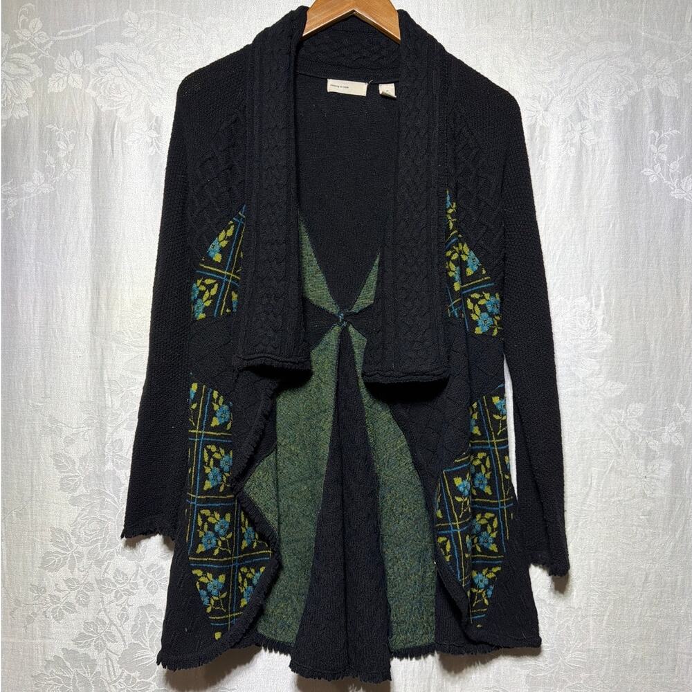 Sleeping On Snow Cardigan Sweater XS Black Green Geometric Floral Wool Blend